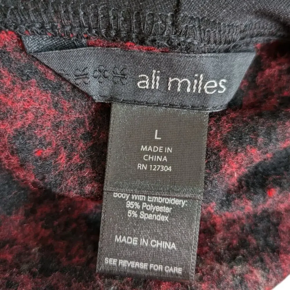 Ali Miles Tunic Top Large Cowl Neck Yarn Applique Textured Buckle Red Black Art